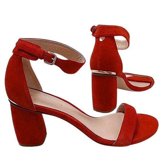 Stuart Weitzman Simple Sue Red Suede Sandals M Block Heel